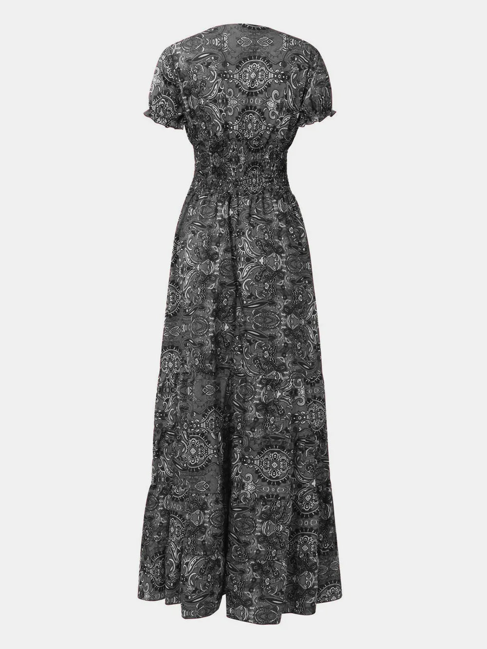 Full Size Smocked Printed V-Neck Short Sleeve Dress - Velora Luxury Fashion