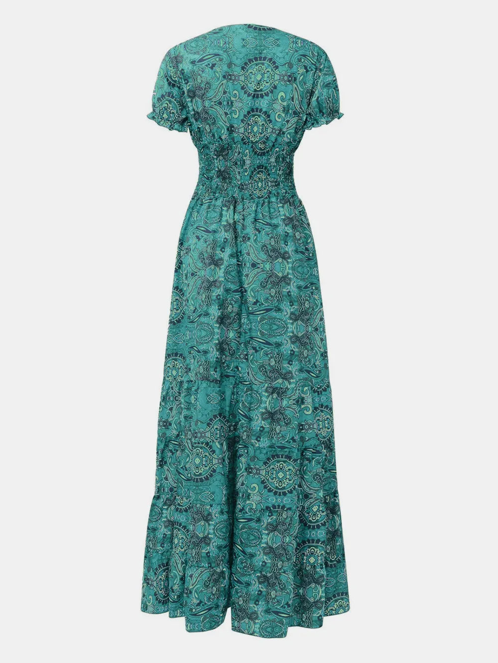 Full Size Smocked Printed V-Neck Short Sleeve Dress - Velora Luxury Fashion