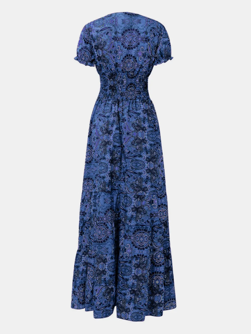 Full Size Smocked Printed V-Neck Short Sleeve Dress - Velora Luxury Fashion