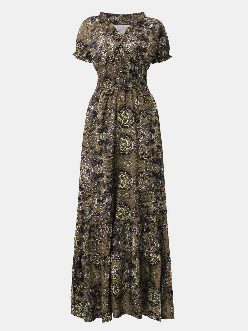 Full Size Smocked Printed V-Neck Short Sleeve Dress - Velora Luxury Fashion