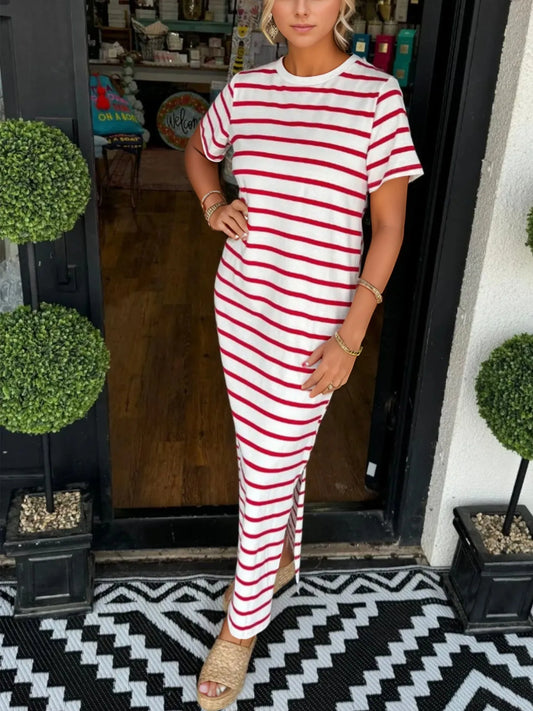 Full Size Striped T-Shirt Maxi Dress with Side Slit Plus Size - Velora Luxury Fashion