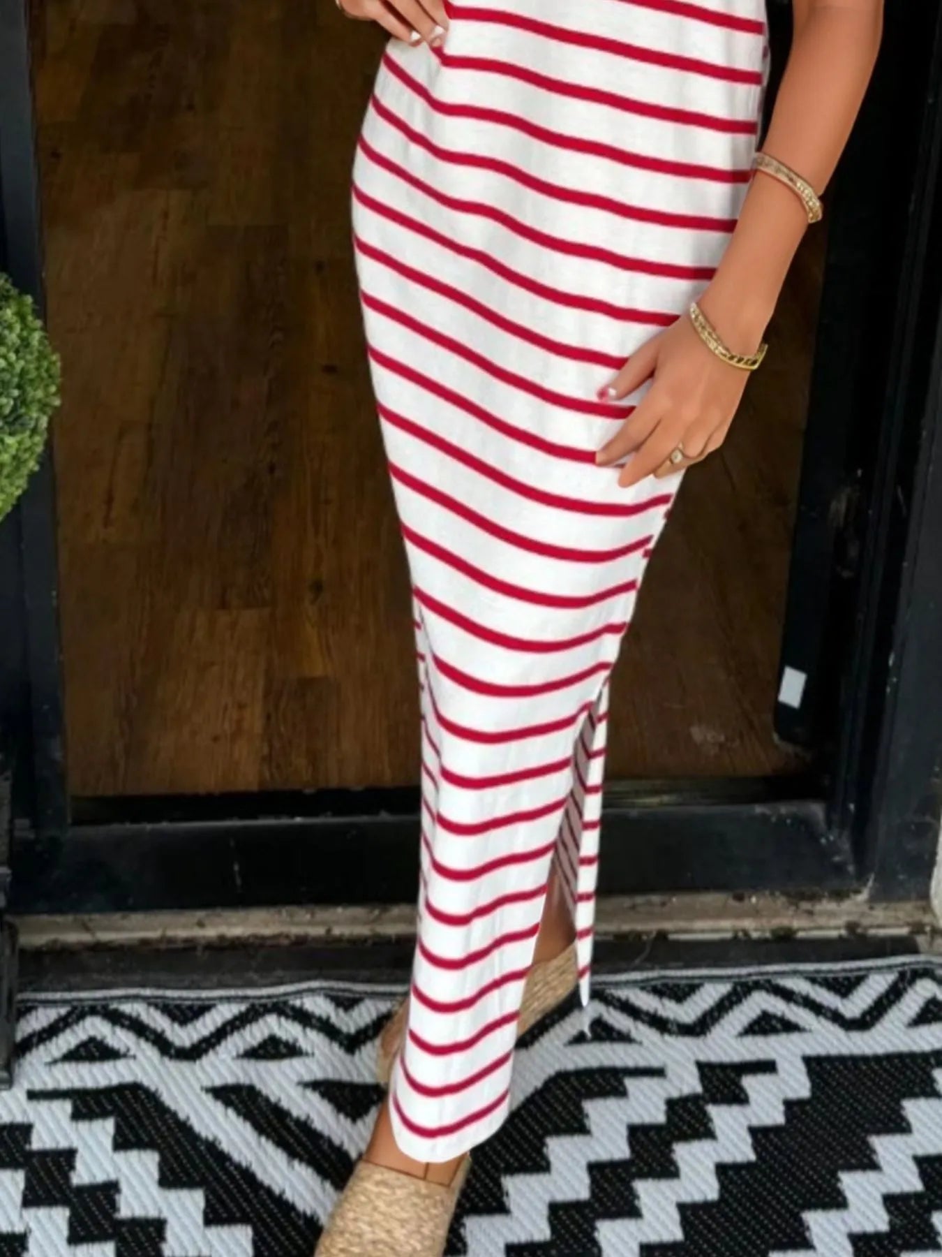Full Size Striped T-Shirt Maxi Dress with Side Slit Plus Size - Velora Luxury Fashion