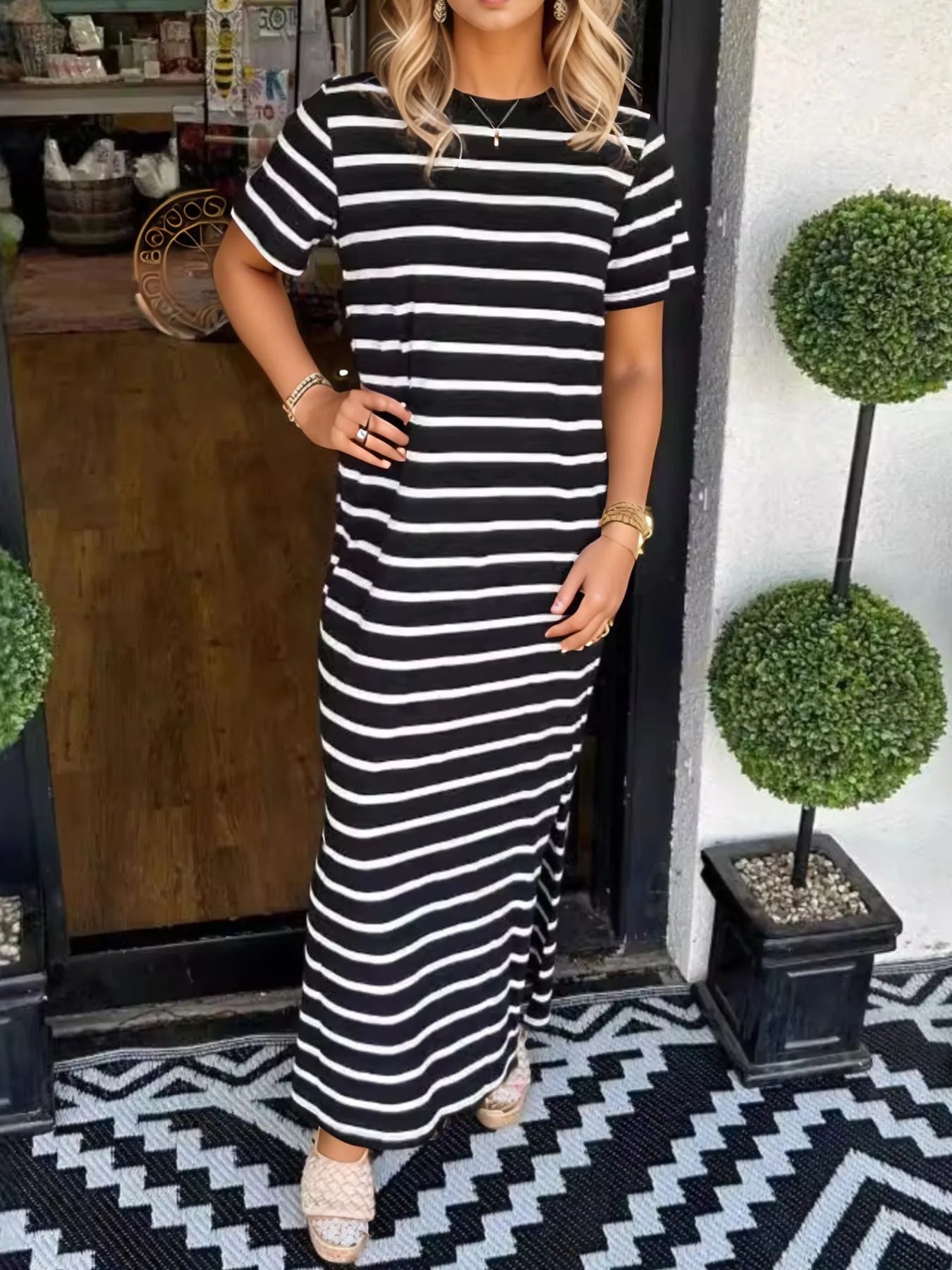 Full Size Striped T-Shirt Maxi Dress with Side Slit Plus Size - Velora Luxury Fashion