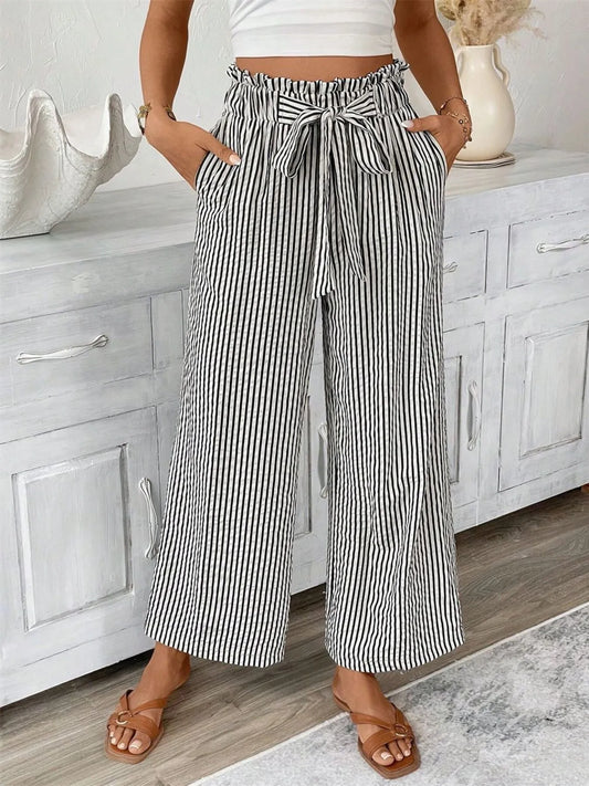 Full Size Striped Wide Leg Paper Bag Pants Plus Size - Velora Luxury Fashion
