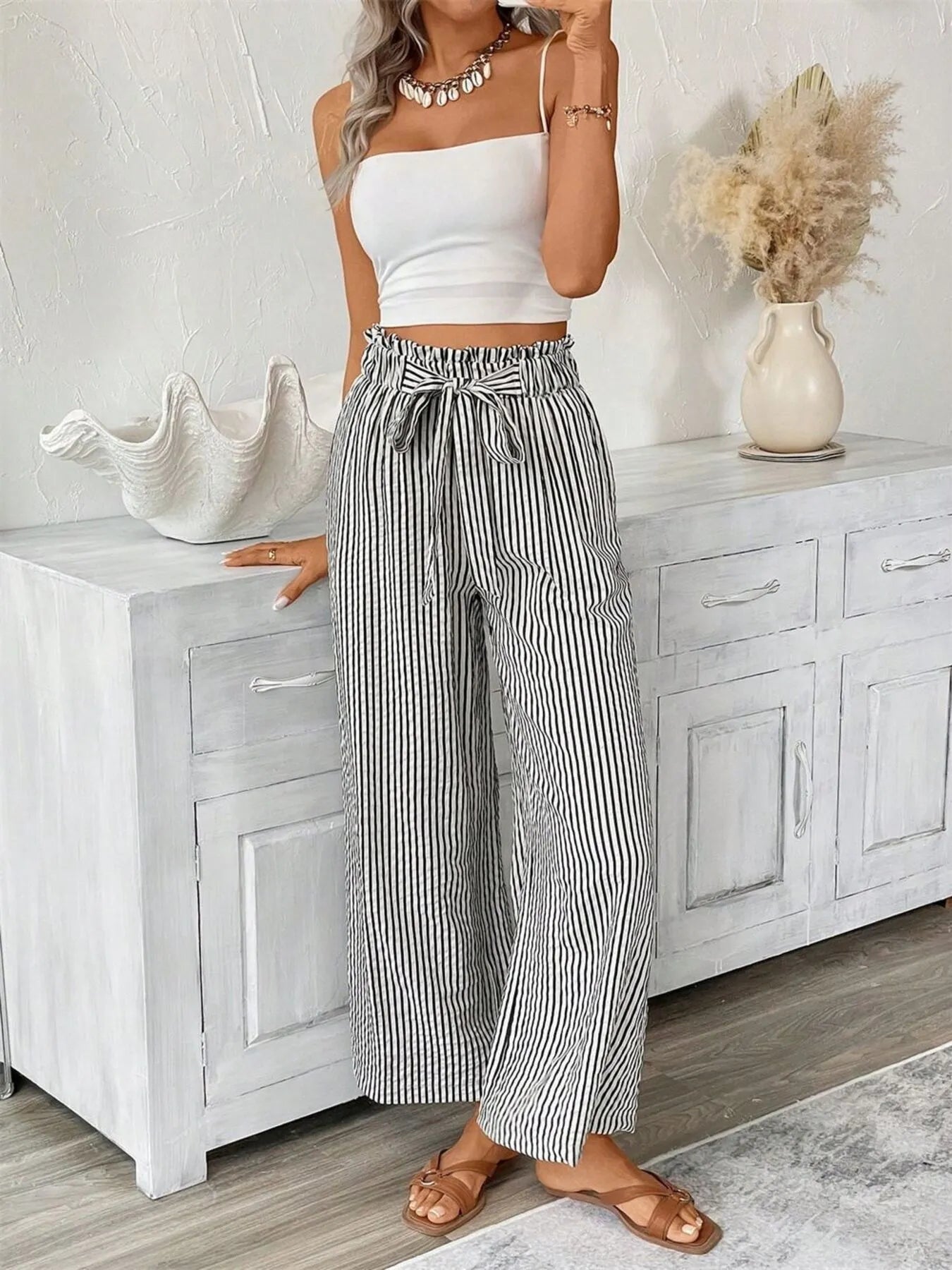 Full Size Striped Wide Leg Paper Bag Pants Plus Size - Velora Luxury Fashion