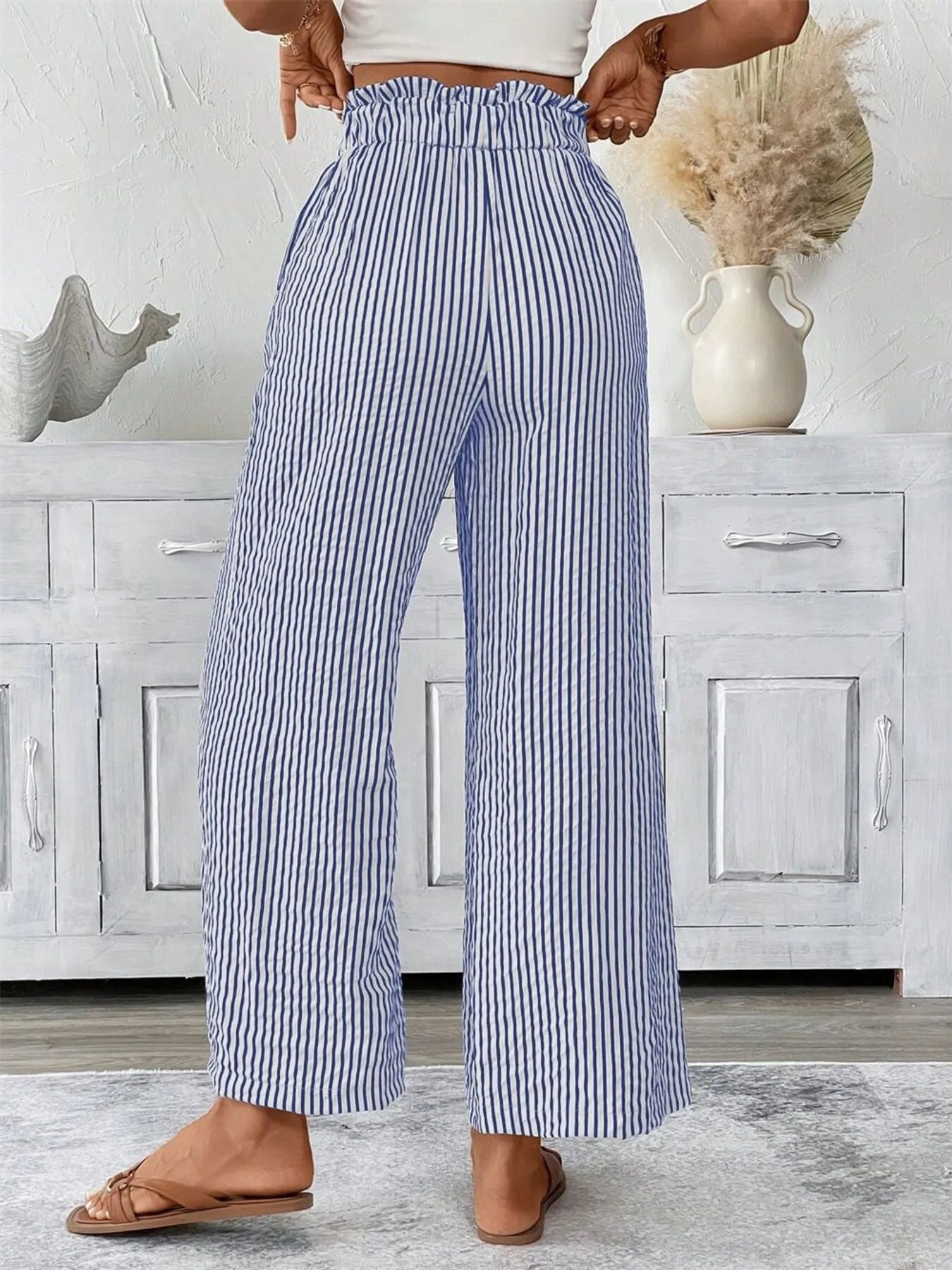 Full Size Striped Wide Leg Paper Bag Pants Plus Size - Velora Luxury Fashion
