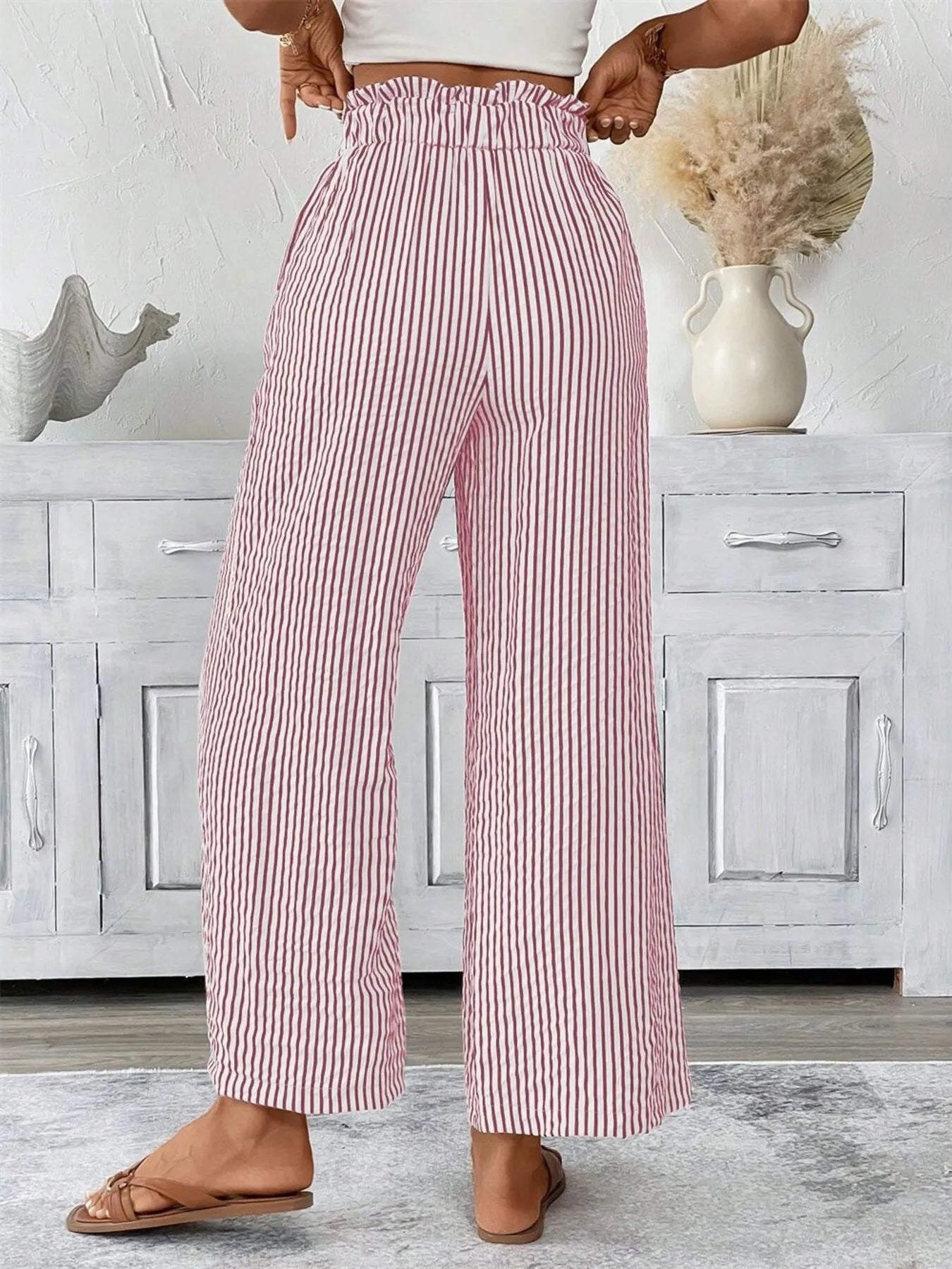 Full Size Striped Wide Leg Paper Bag Pants Plus Size - Velora Luxury Fashion