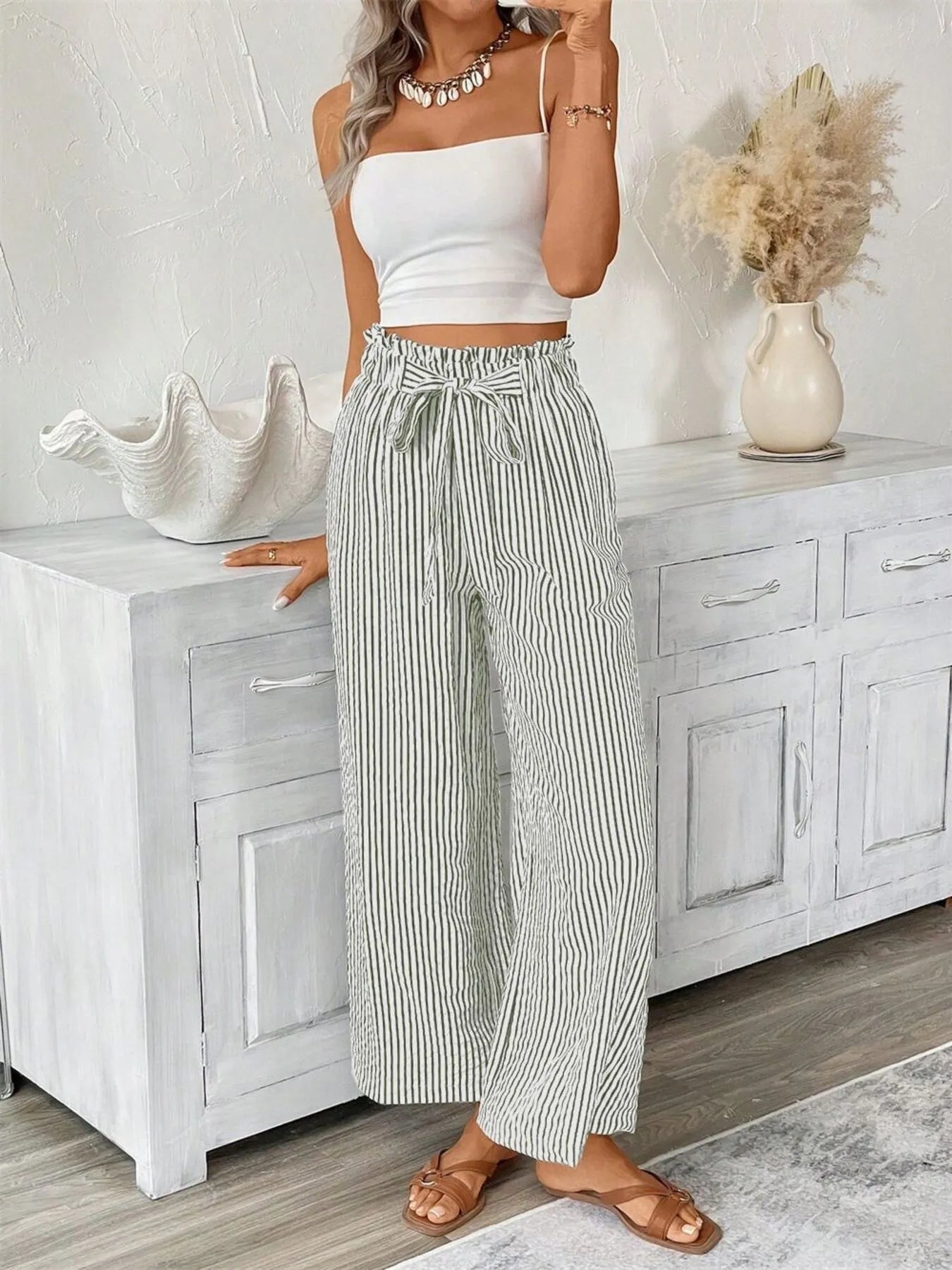 Full Size Striped Wide Leg Paper Bag Pants Plus Size - Velora Luxury Fashion