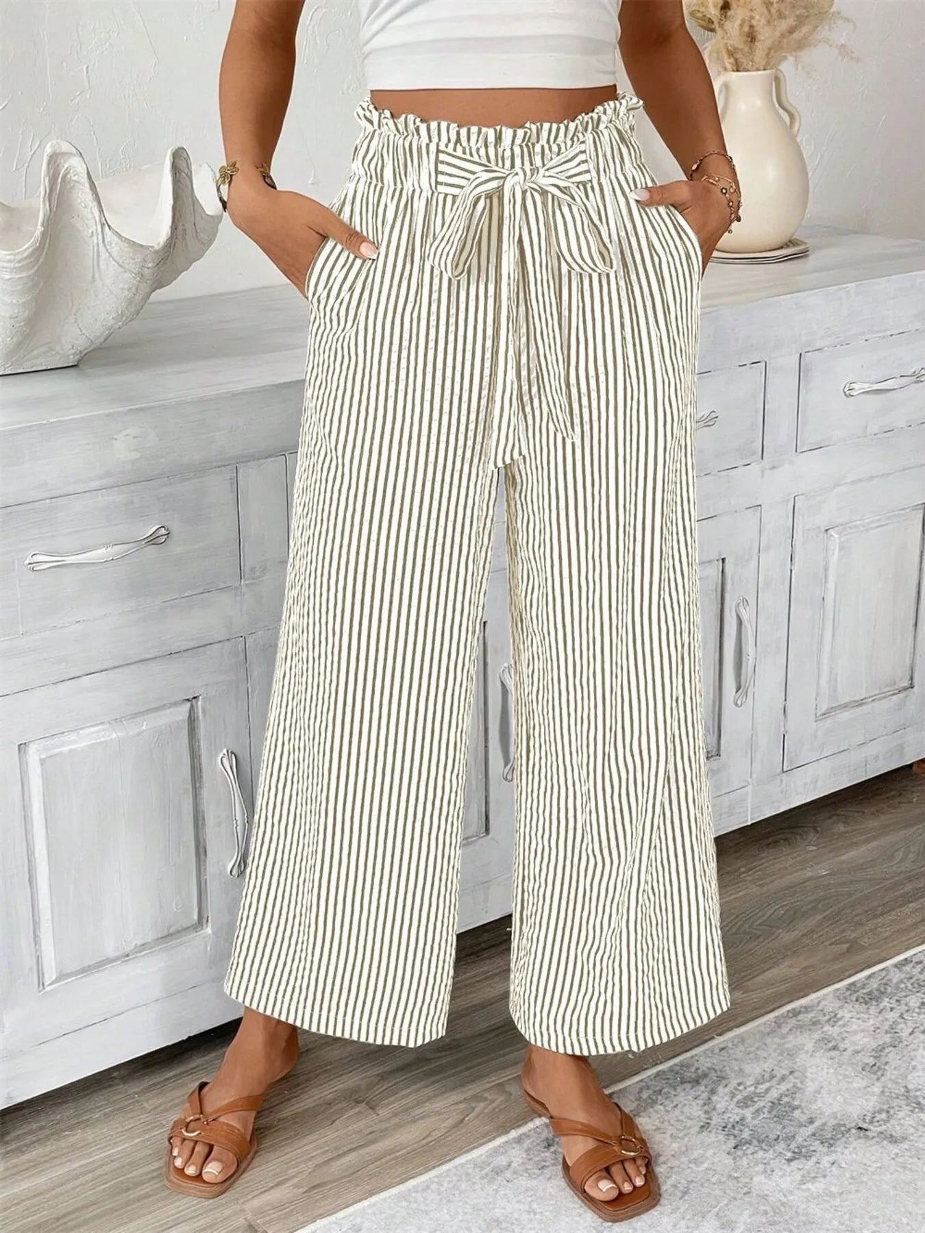 Full Size Striped Wide Leg Paper Bag Pants Plus Size - Velora Luxury Fashion