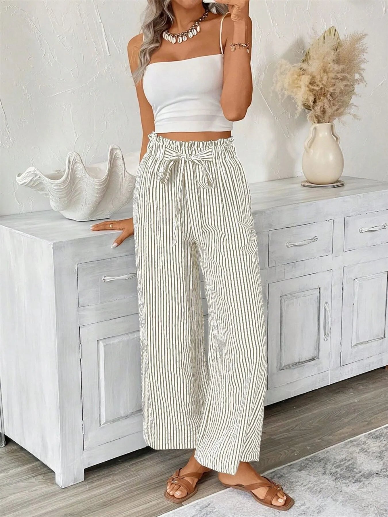 Full Size Striped Wide Leg Paper Bag Pants Plus Size - Velora Luxury Fashion
