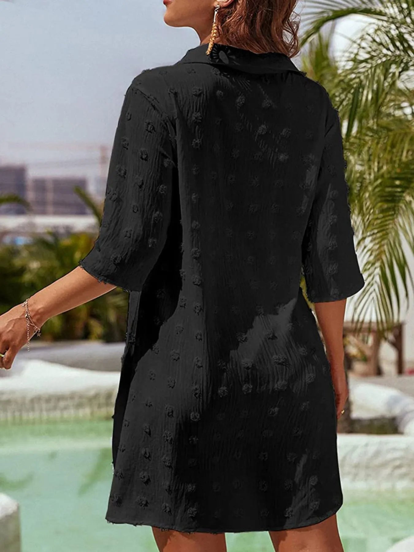 Full Size Swiss Dot 3/4 Sleeve Mini Dress Plus Size - Velora Luxury Fashion