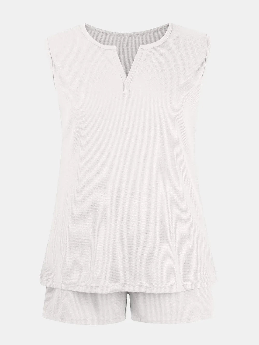 Full Size Waffle-Knit Notched Top and Shorts Set - Velora