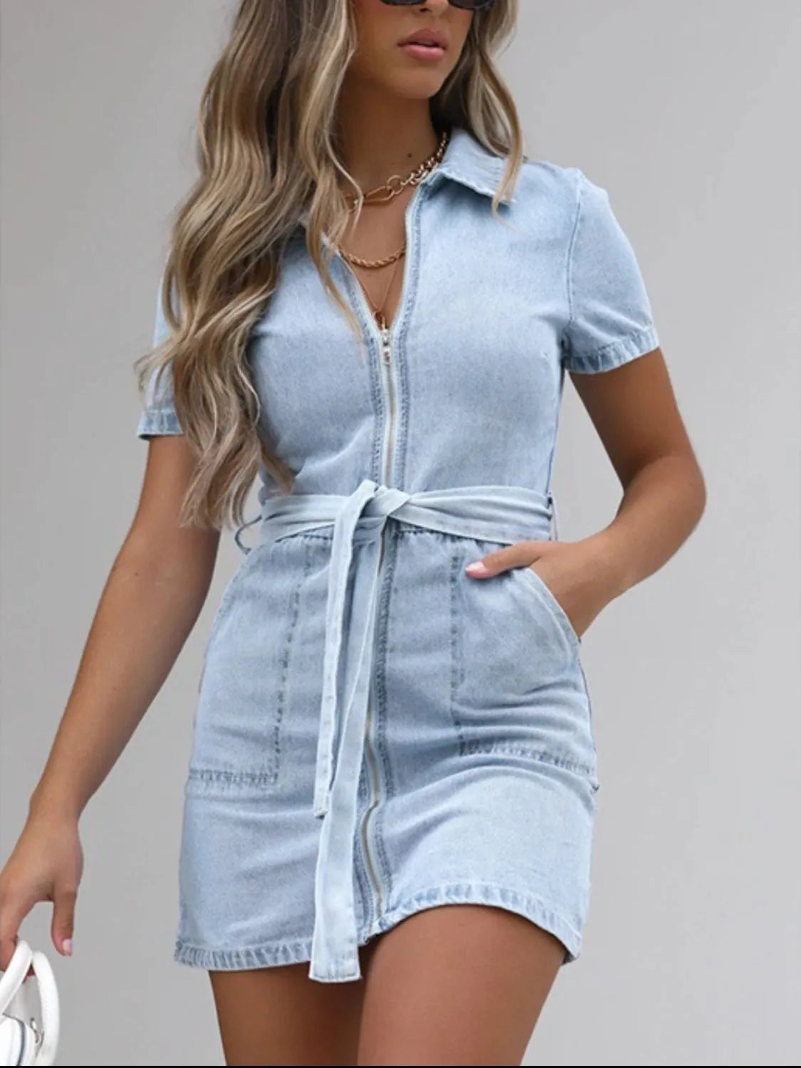 Full Size Zip Front Short Sleeve Denim Dress Plus Size - Velora Luxury Fashion