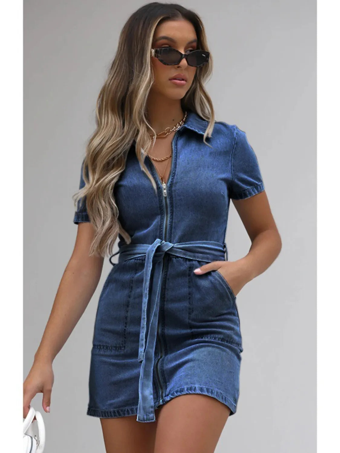 Full Size Zip Front Short Sleeve Denim Dress Plus Size - Velora Luxury Fashion