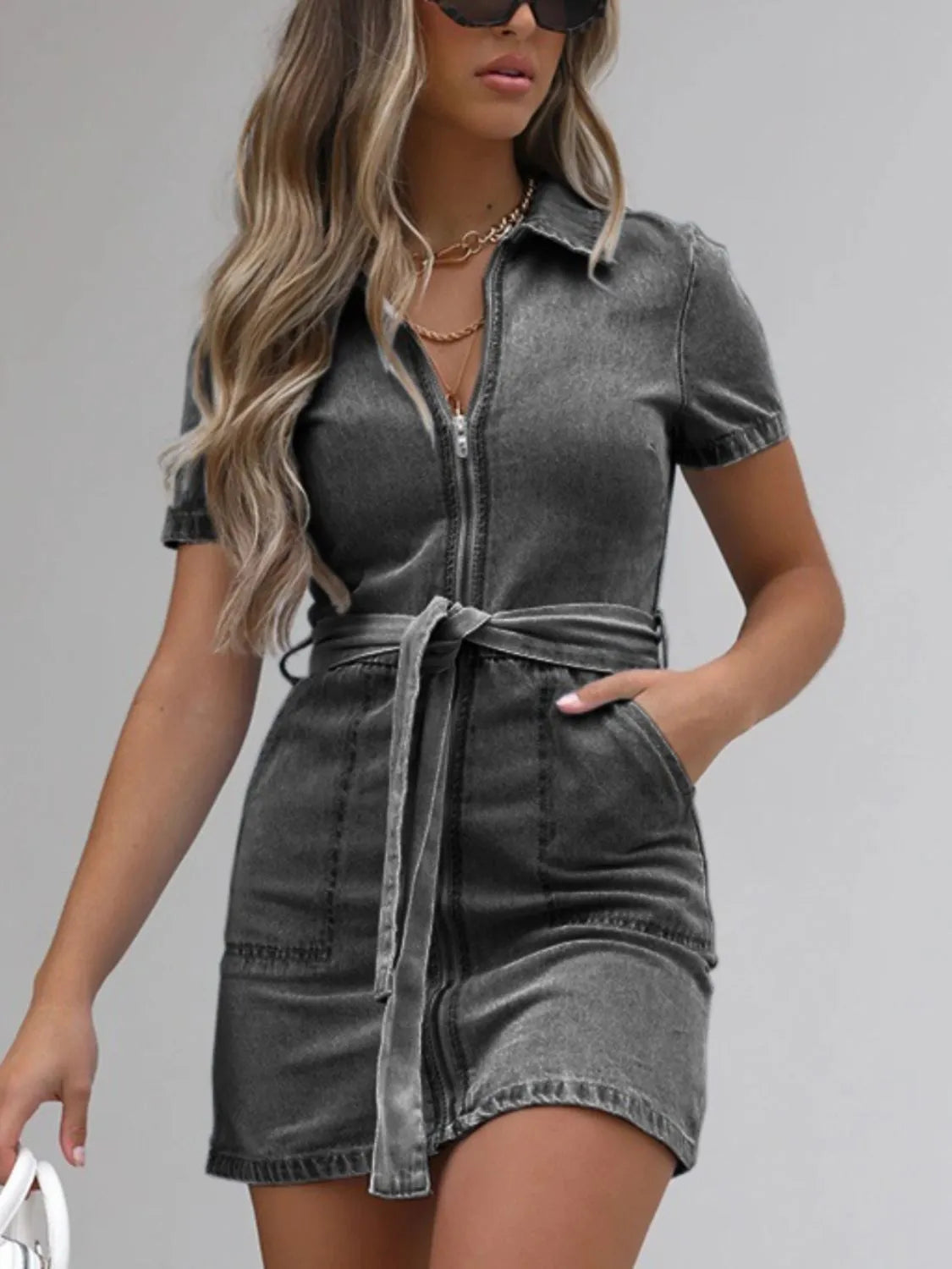Full Size Zip Front Short Sleeve Denim Dress Plus Size - Velora Luxury Fashion