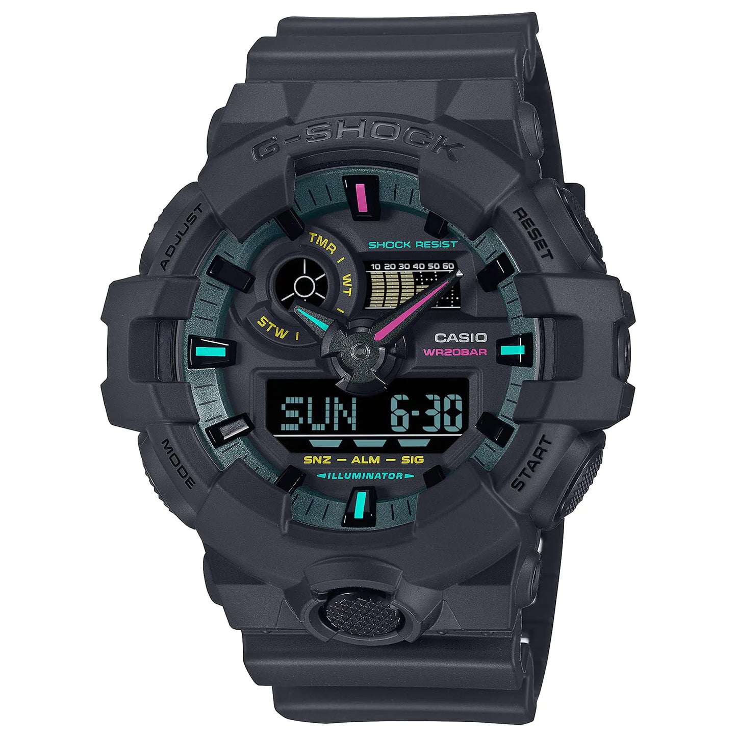 G-Shock Casio GA-700 Series Analog-Digital Multi-Color Black Resin Watch 57.5mm - GA700MF-1A - Velora Luxury Fashion