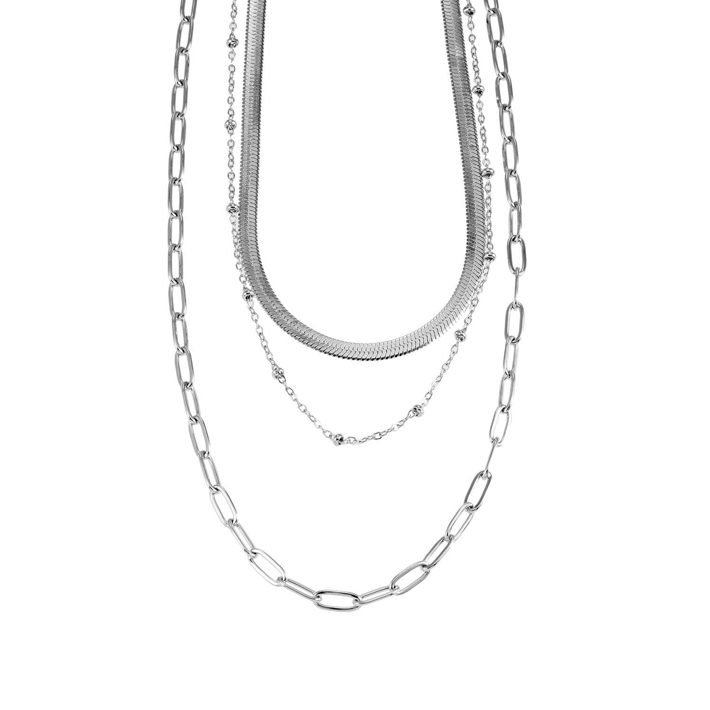 GEILNAR:  Triple Layer Mixed-Chain Necklace in Silver - Velora Luxury Fashion
