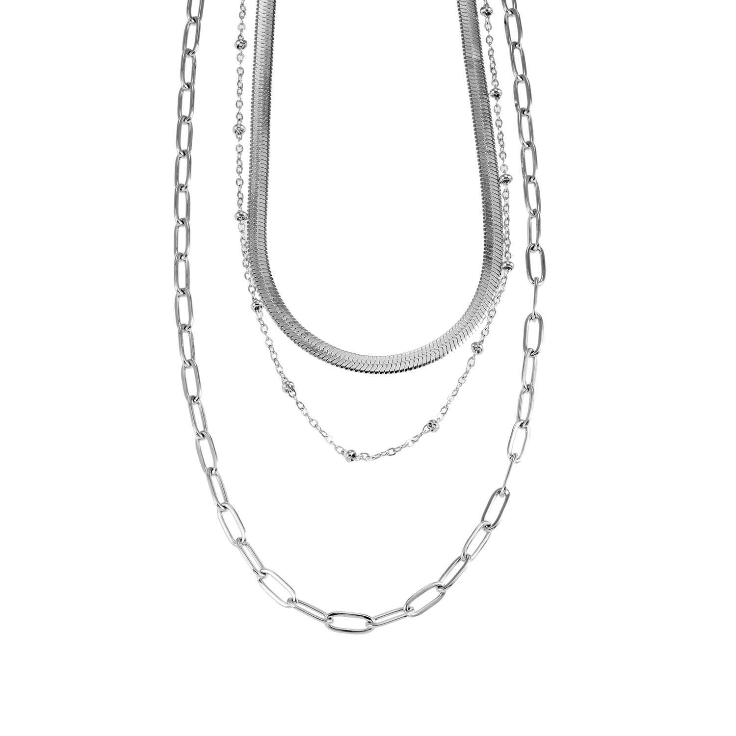 GEILNAR:  Triple Layer Mixed-Chain Necklace in Silver - Velora Luxury Fashion