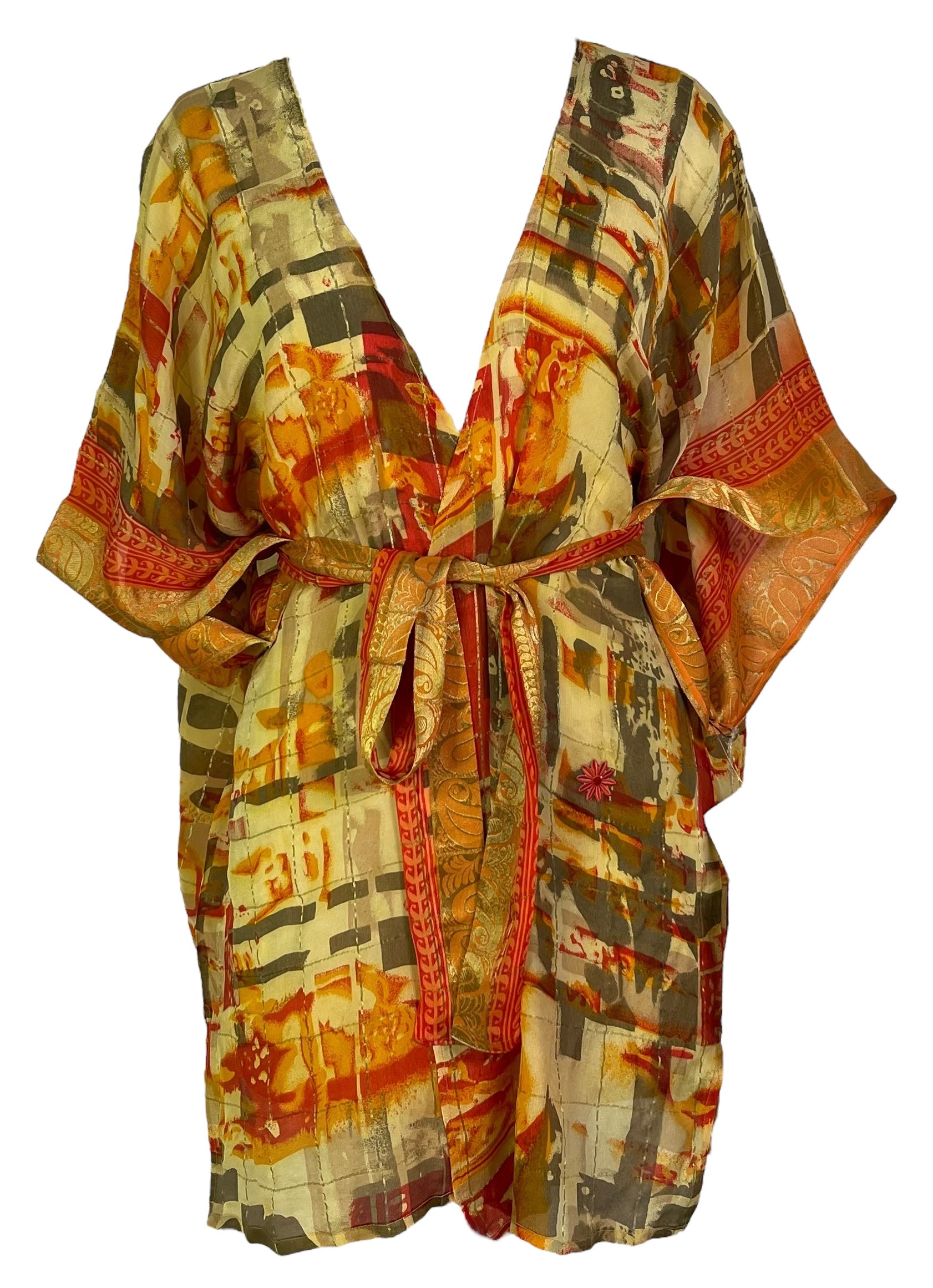 PRG6898 Sheer Avatar Pure Silk Kimono-Sleeved Jacket with Belt - Velora