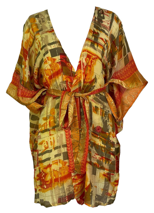 PRG6898 Sheer Avatar Pure Silk Kimono-Sleeved Jacket with Belt - Velora