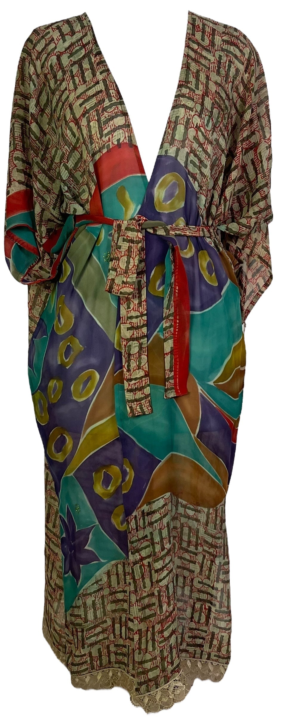 PRG6784 Sheer Avatar Long Pure Silk Kimono Sleeved Duster with Belt - Velora