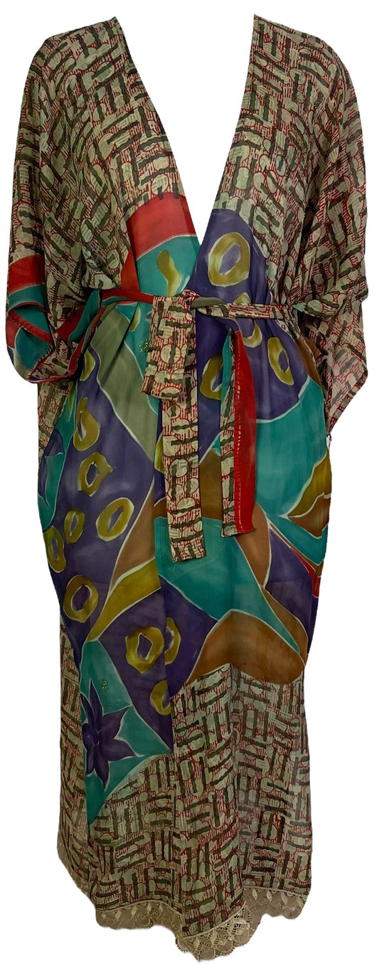 PRG6784 Sheer Avatar Long Pure Silk Kimono Sleeved Duster with Belt - Velora