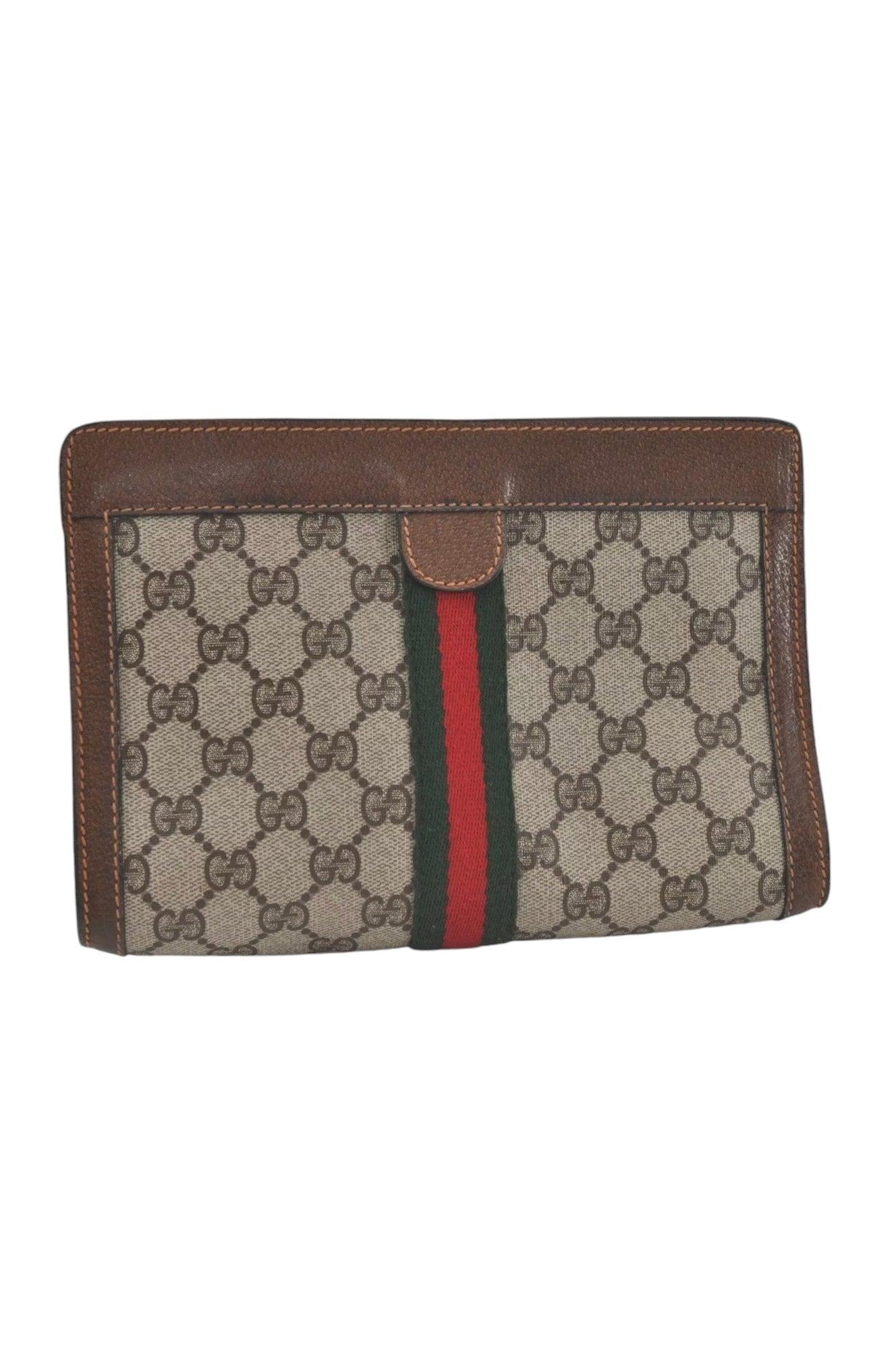 GUCCI Web Sherry Line Clutch Hand Bag Purse GG PVC Leather Brown 8044K - Velora Luxury Fashion
