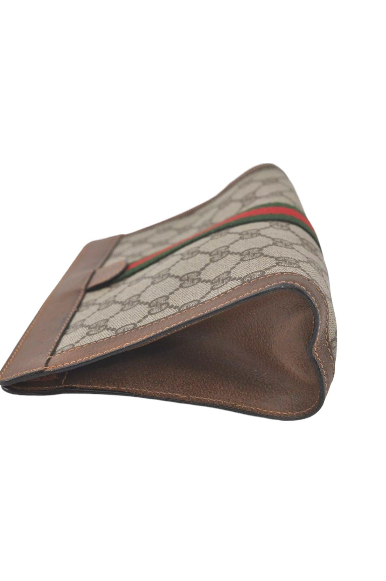 GUCCI Web Sherry Line Clutch Hand Bag Purse GG PVC Leather Brown 8044K - Velora Luxury Fashion