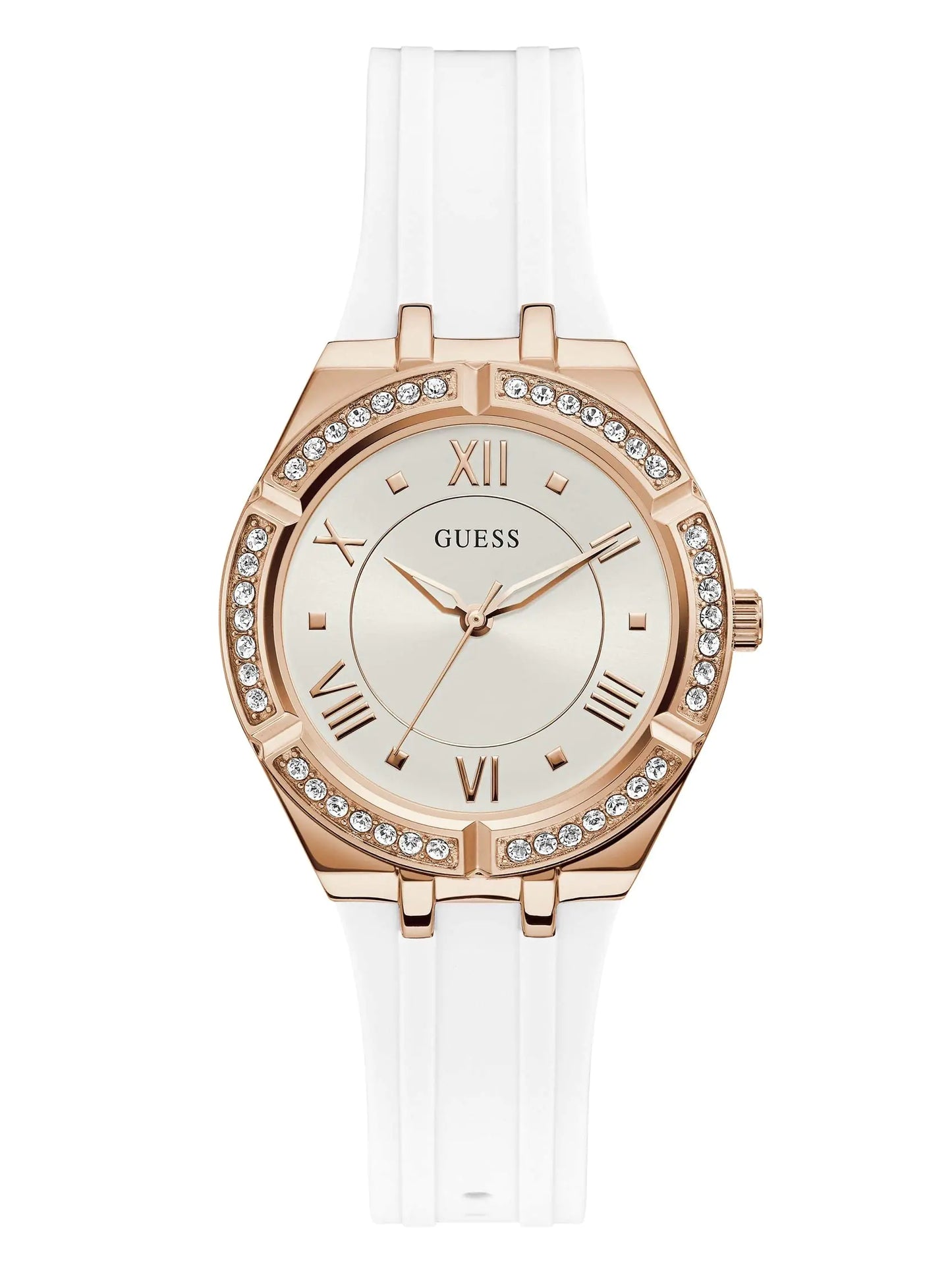 GUESS Rose Gold-Tone + Crystal White Silicone Watch Rose Gold-Tone/White - Velora Luxury Fashion
