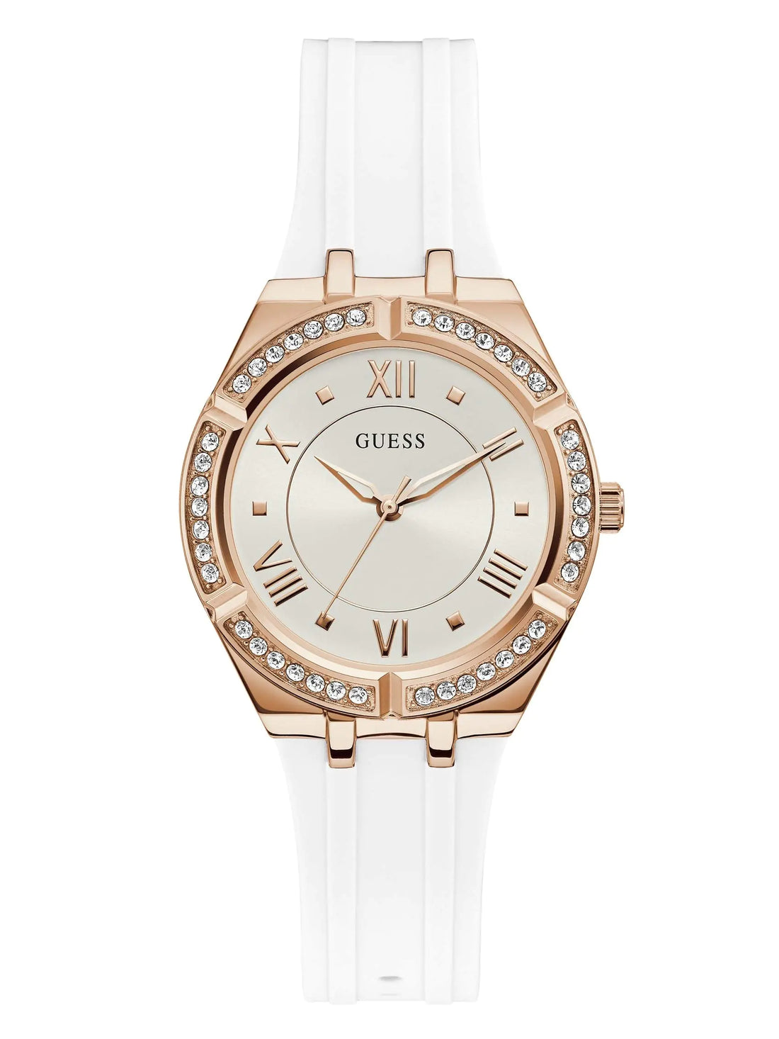 GUESS Rose Gold-Tone + Crystal White Silicone Watch Rose Gold-Tone/White - Velora Luxury Fashion