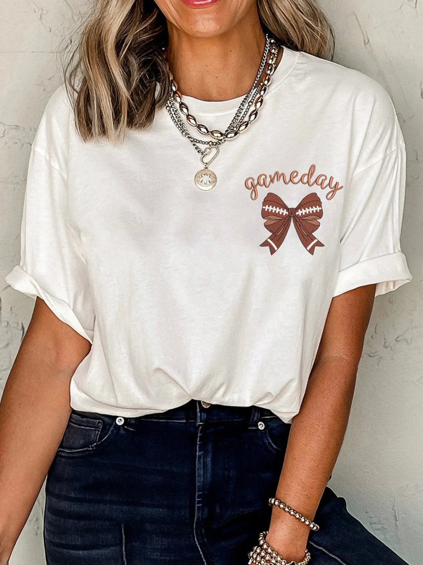 Game Day Bowknot Embroidered Casual Tee - Velora Luxury Fashion