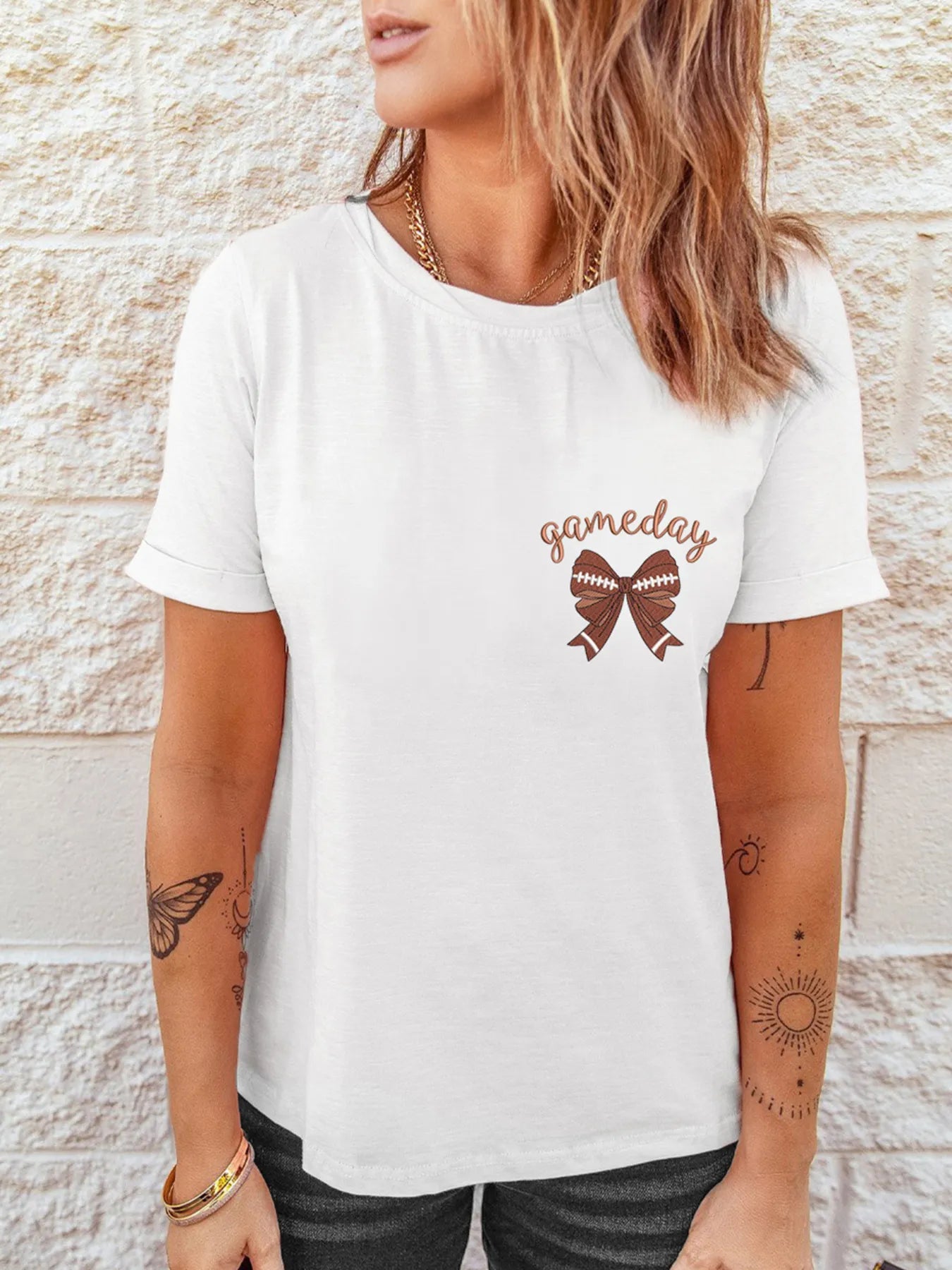 Game Day Bowknot Embroidered Casual Tee - Velora Luxury Fashion