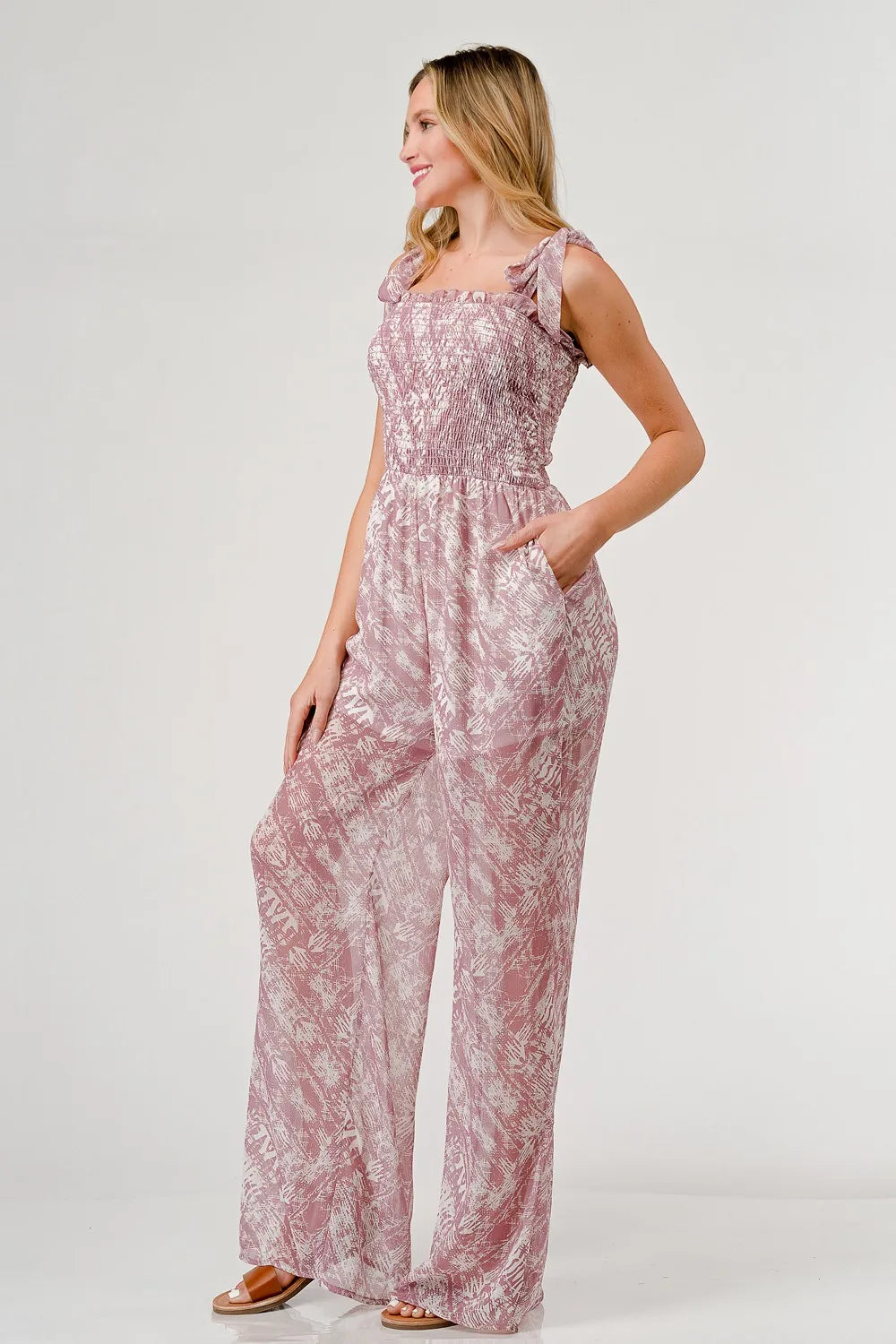 GeeGee Printed Tie Shoulder Wide Leg Jumpsuit - Velora Luxury Fashion
