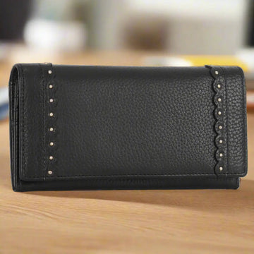 Genuine Leather Wallet with Studded Accent - Velora Luxury Fashion