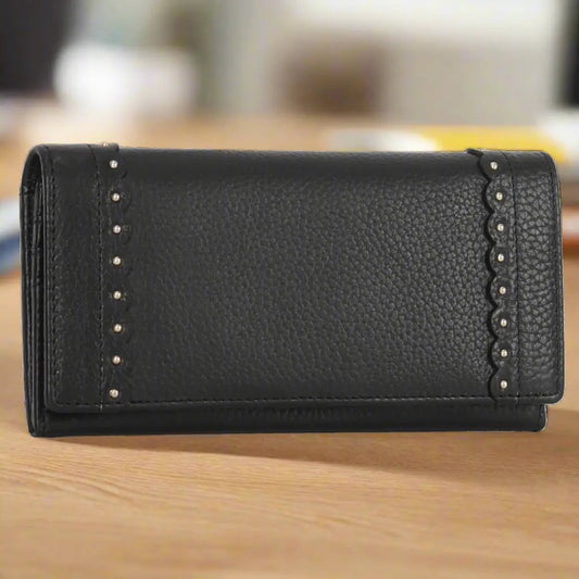 Genuine Leather Wallet with Studded Accent - Velora Luxury Fashion