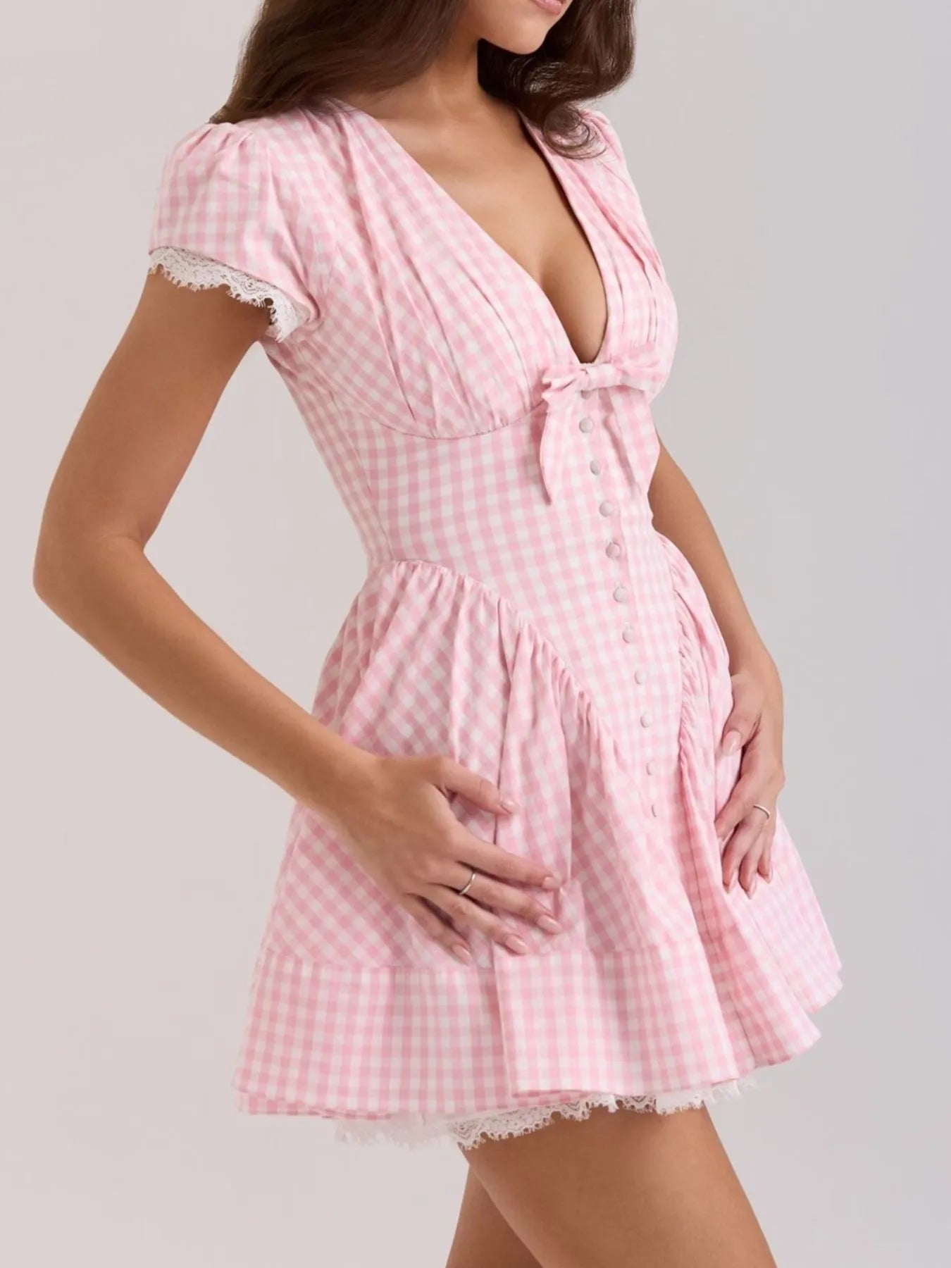 Gingham Ruffle Mini Dress with Lace Trim - Velora Luxury Fashion