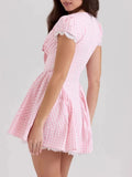 Gingham Ruffle Mini Dress with Lace Trim - Velora Luxury Fashion