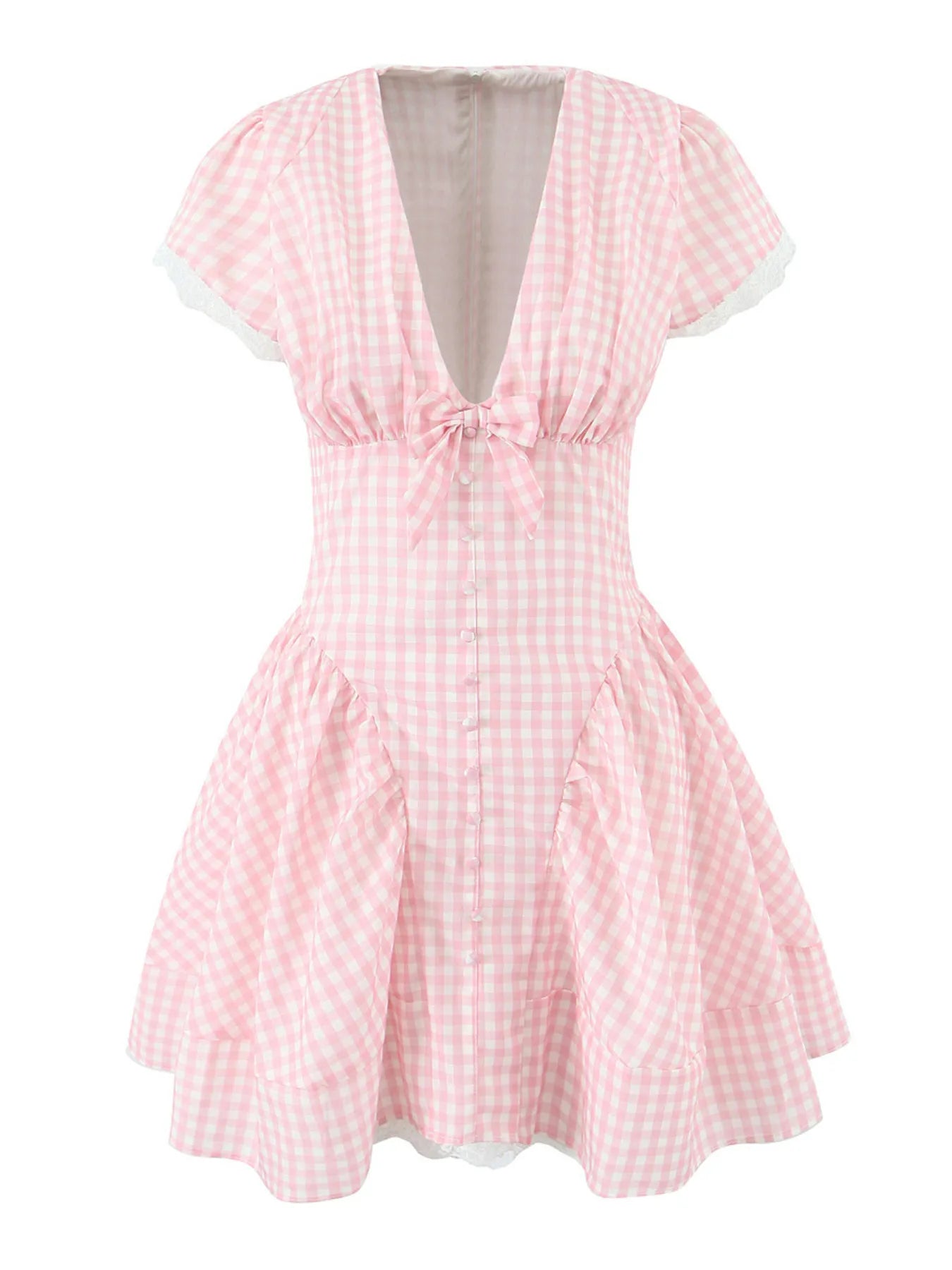 Gingham Ruffle Mini Dress with Lace Trim - Velora Luxury Fashion