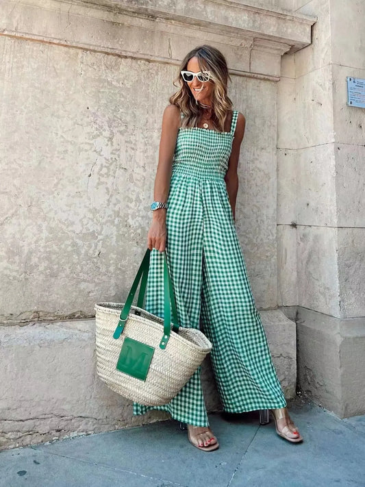 Gingham Smocked Wide-Leg Jumpsuit - Velora Luxury Fashion