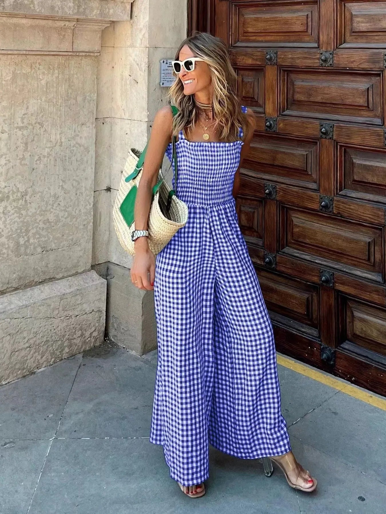 Gingham Smocked Wide-Leg Jumpsuit - Velora Luxury Fashion