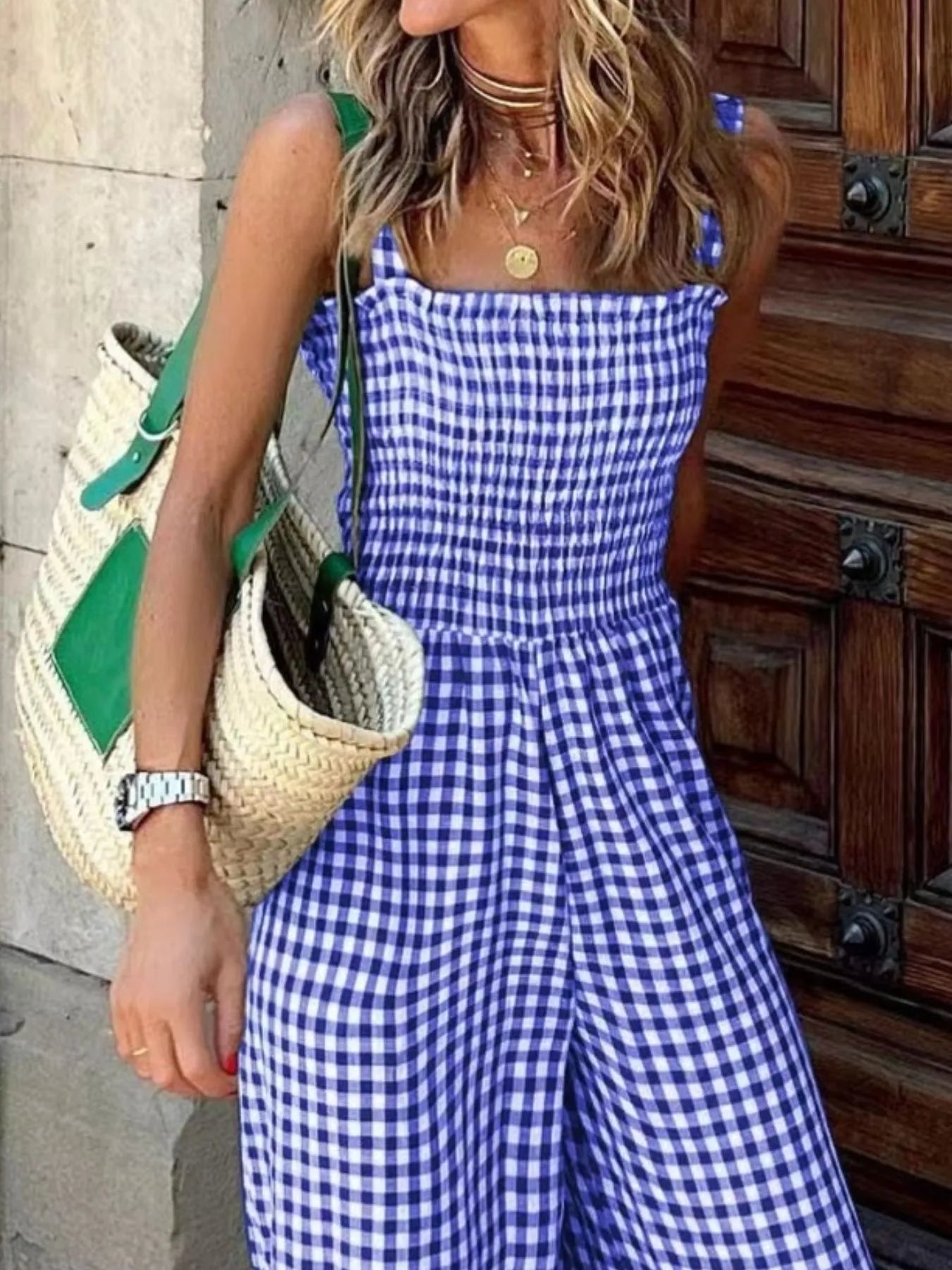 Gingham Smocked Wide-Leg Jumpsuit - Velora Luxury Fashion