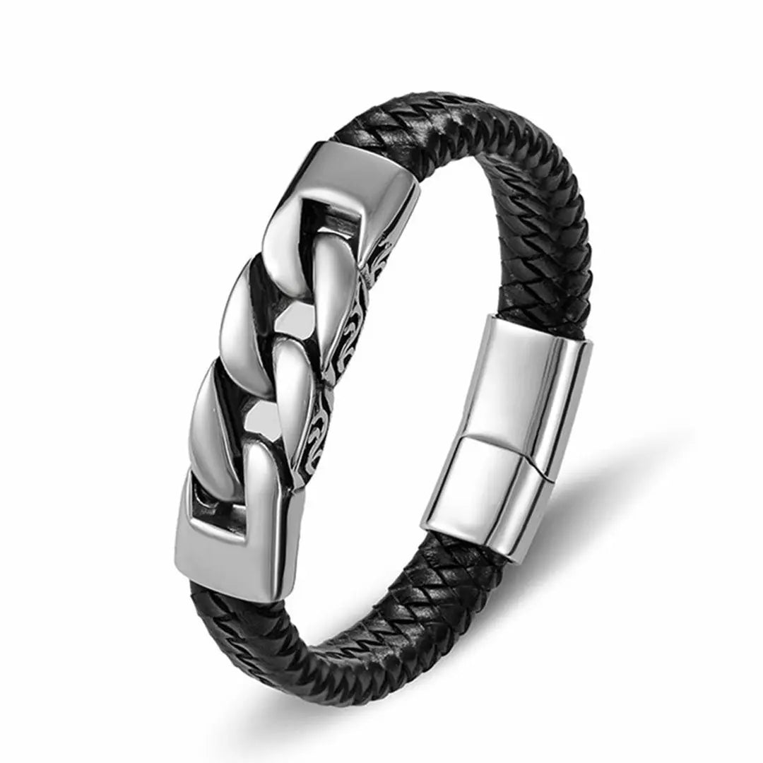 GoSteel Men's Leather and Steel Cuban Link Bracelet - Velora Luxury Fashion