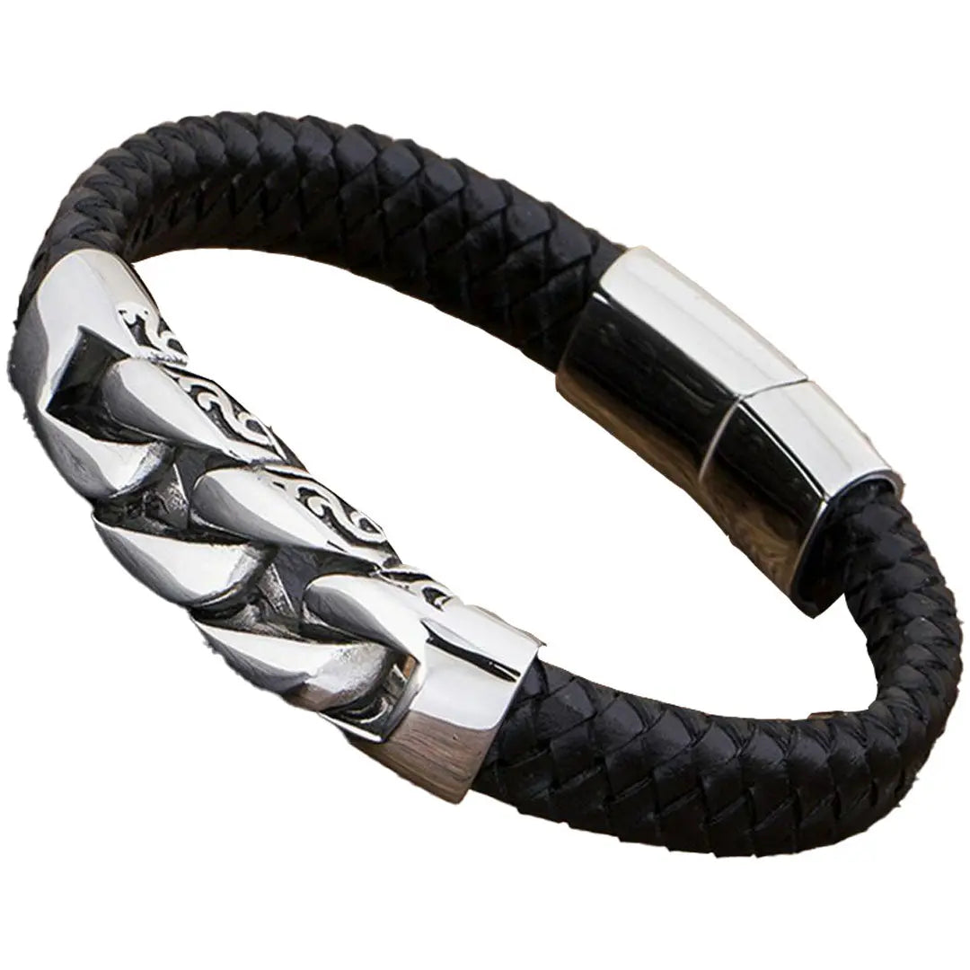 GoSteel Men's Leather and Steel Cuban Link Bracelet - Velora Luxury Fashion