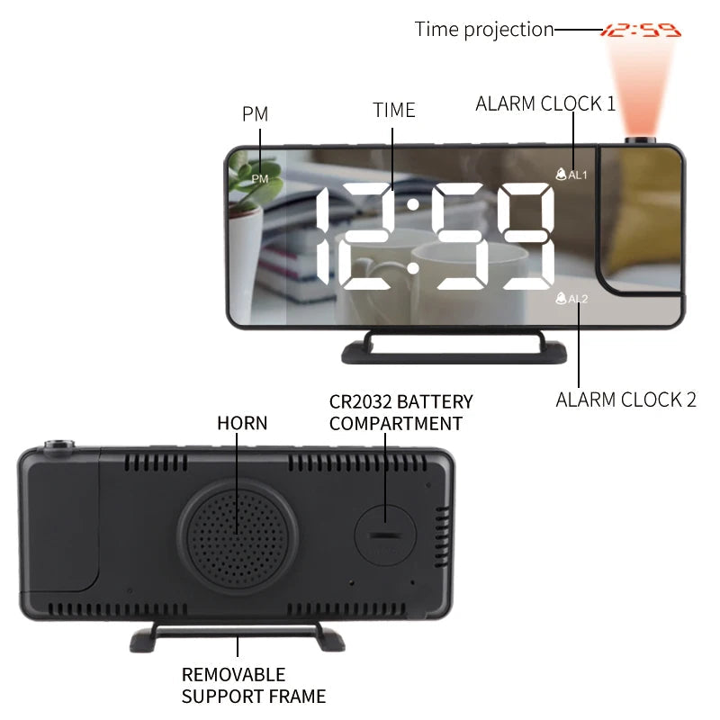 LED Mirror Projection Alarm Clock Creative with Charge Phone and Dual Alarm Digital Clock for Bedroom Ceiling - Velora