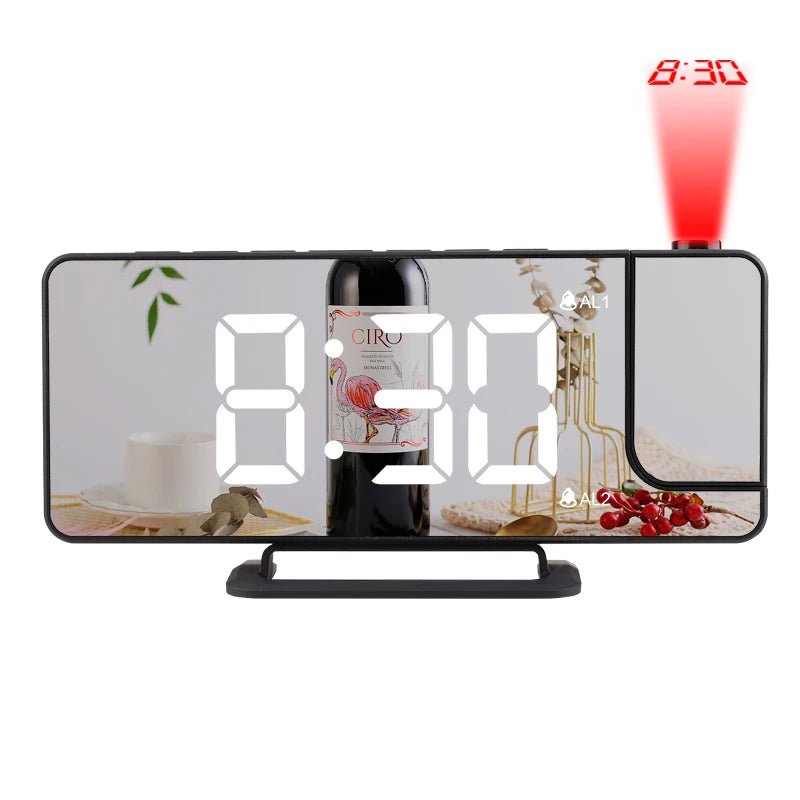 LED Mirror Projection Alarm Clock Creative with Charge Phone and Dual Alarm Digital Clock for Bedroom Ceiling - Velora