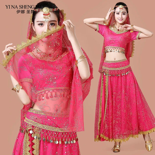 Bollywood Belly Dance Costume Set Indian Dance Sari 2/3/4/5pcs Chiffon Belly Dance Clothing Women Oriental Dance Practice Suit - Velora