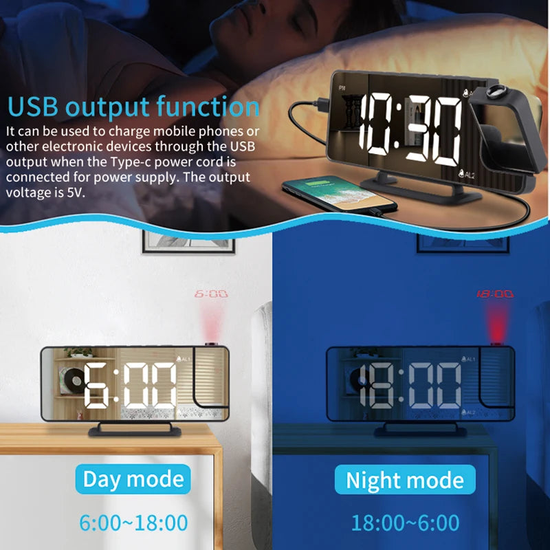 LED Mirror Projection Alarm Clock Creative with Charge Phone and Dual Alarm Digital Clock for Bedroom Ceiling - Velora