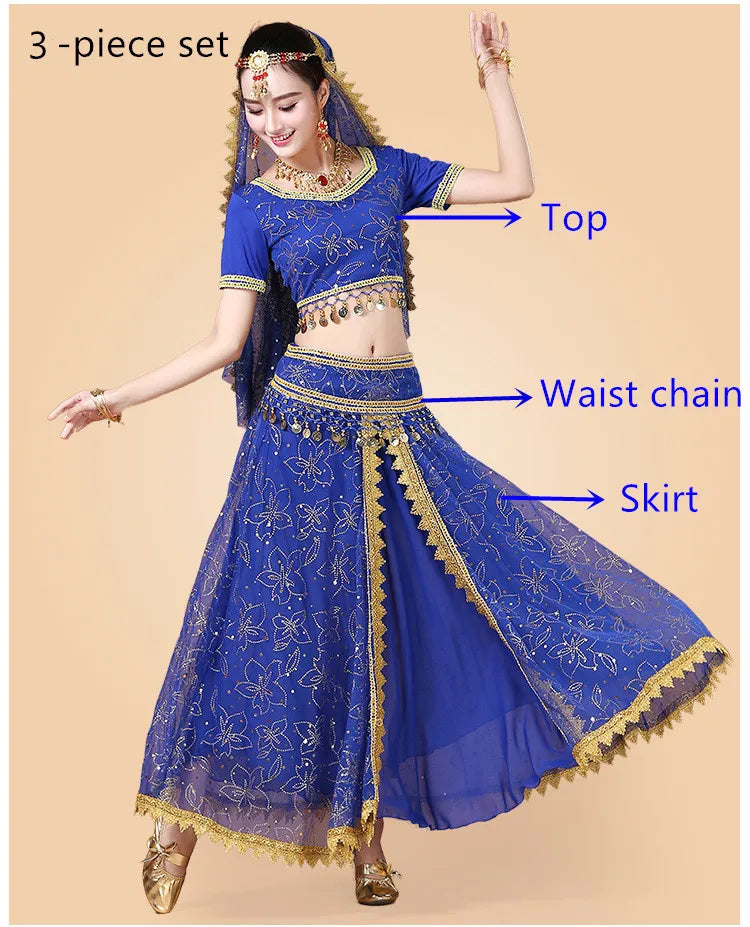 Bollywood Belly Dance Costume Set Indian Dance Sari 2/3/4/5pcs Chiffon Belly Dance Clothing Women Oriental Dance Practice Suit - Velora