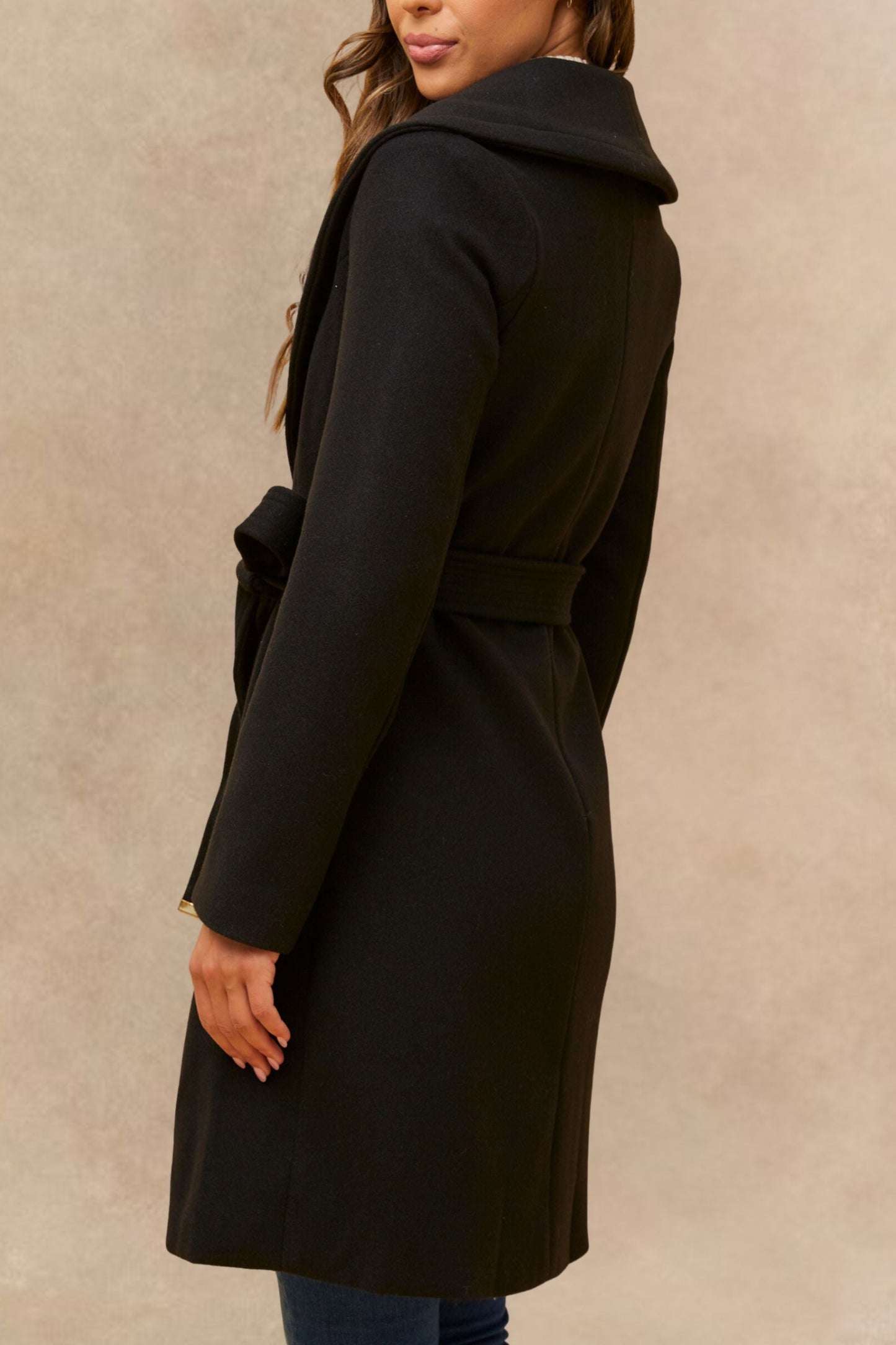 Hazel Black Wrap Coat Shawl Collar Belted With Pockets - Velora Luxury Fashion