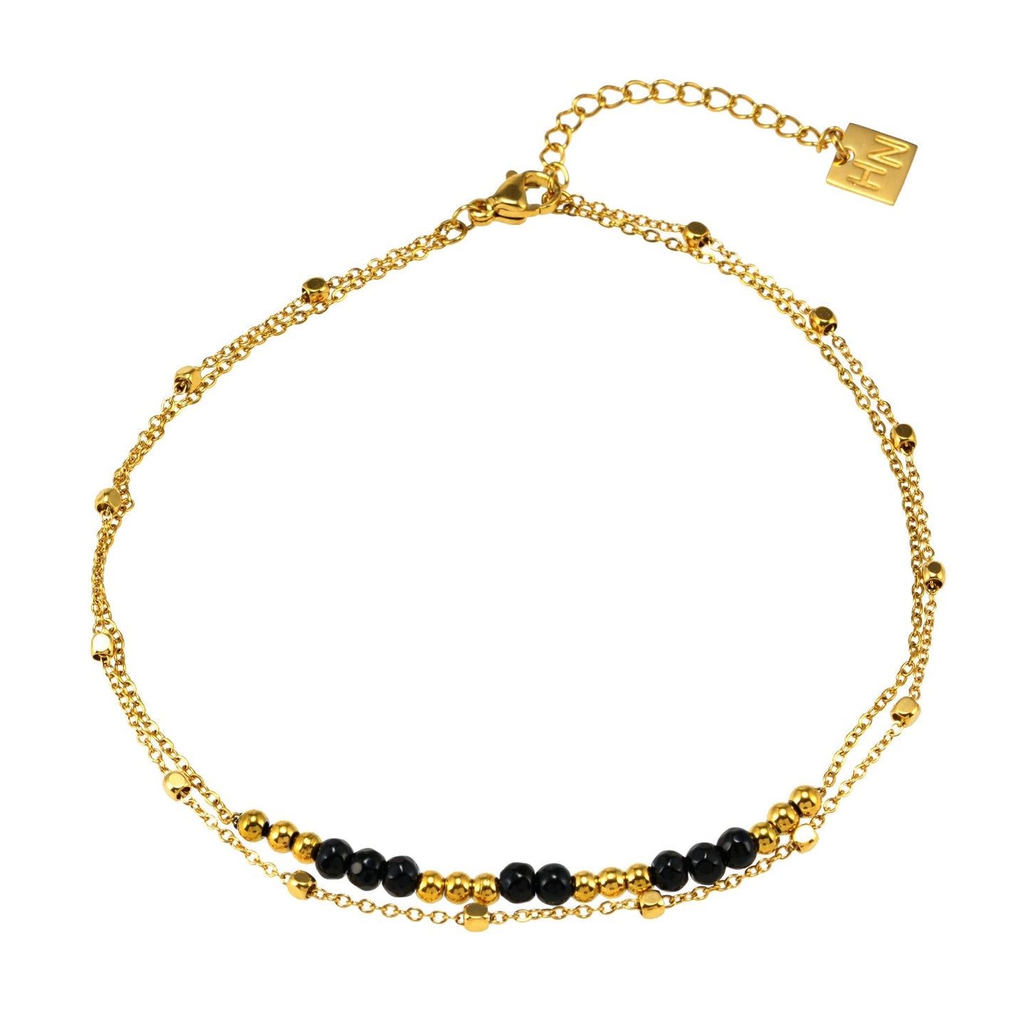 HILDA LG: Two-in-One Square Beads & Round Beads in Black & Gold Anklet. - Velora Luxury Fashion